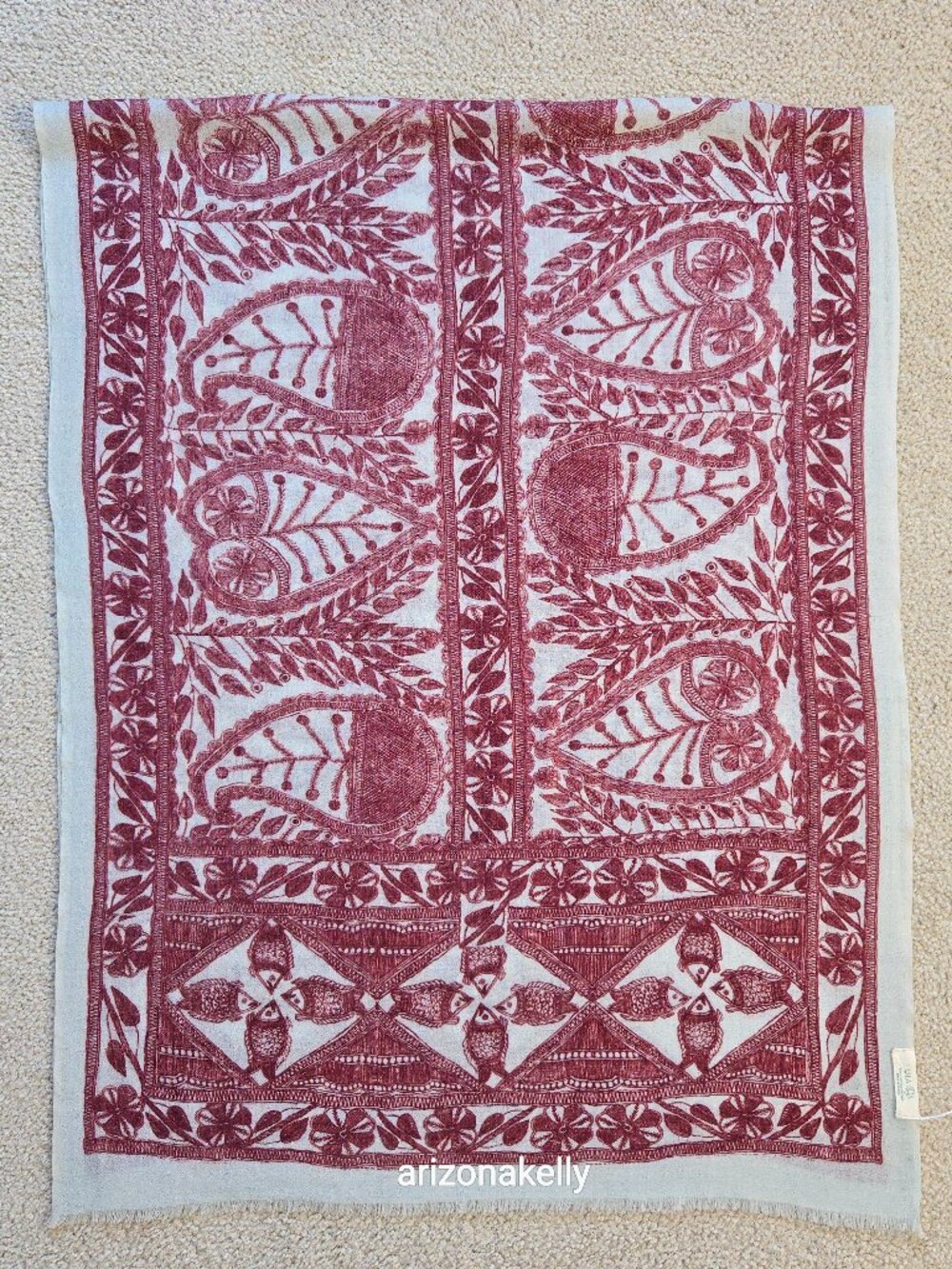 NWOT Lila Wool Lightweight Scarf With Fish Design Burgundy